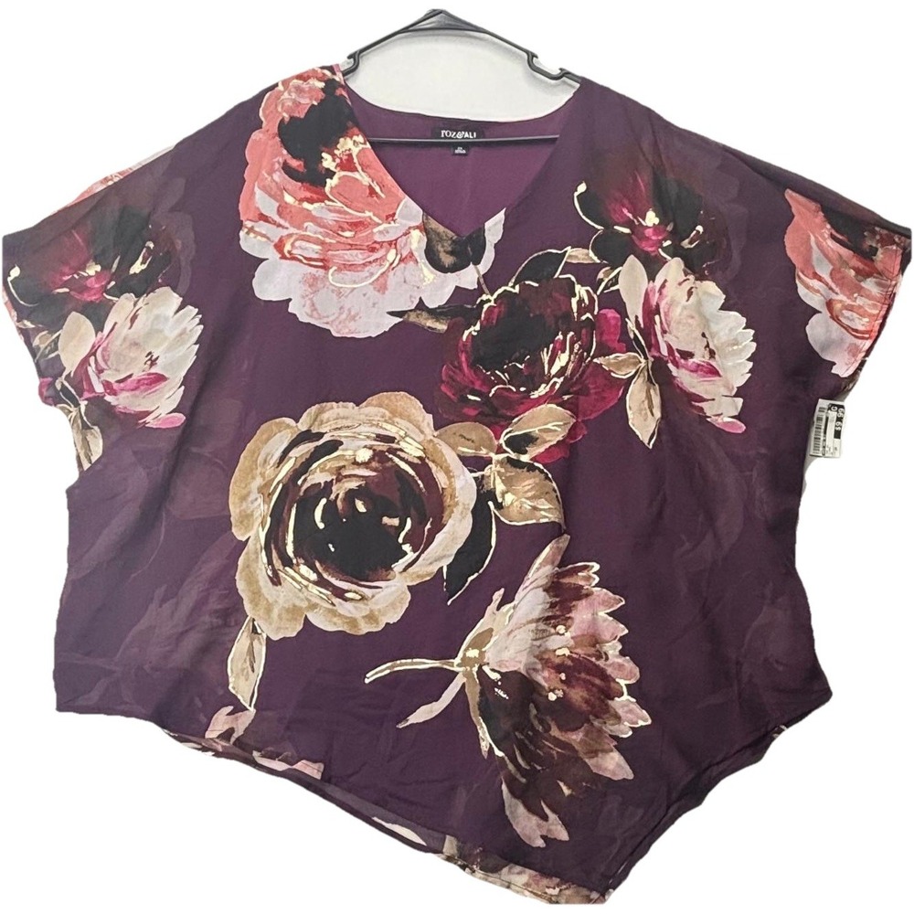 Roz & Ali Women 2X Floral Blouse Purple Sheer Overlay Short Sleeve Plus Size